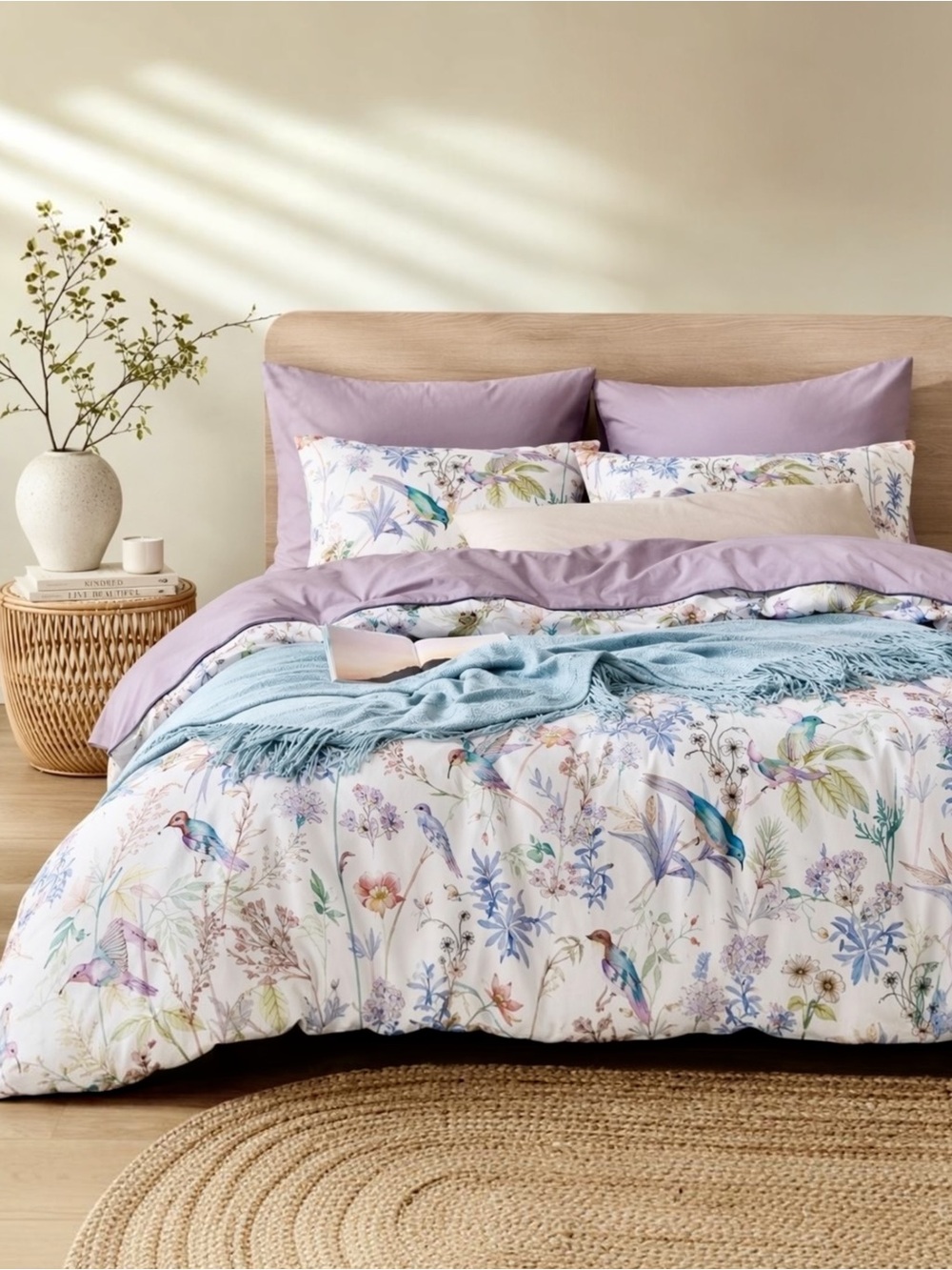 NEW Anthropologie Purple Floral Bird Cotton Queen / King Bedding Duvet Sham Set - Picture 2 of 12